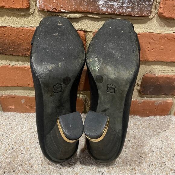 BCBGMaxazria Black Leather Block Heel Shoes sz 8.5 Gold Trim heel Peep Toe Shoes - Picture 6 of 11